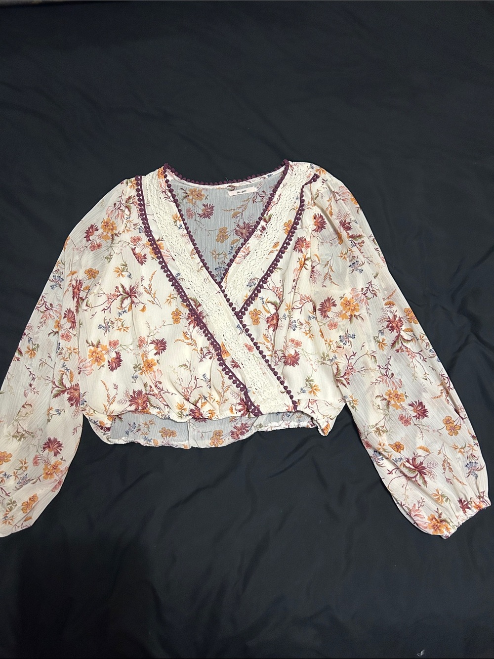 Boutique Floral Wrap Peasant Blouse - Cream with Burgundy Trim